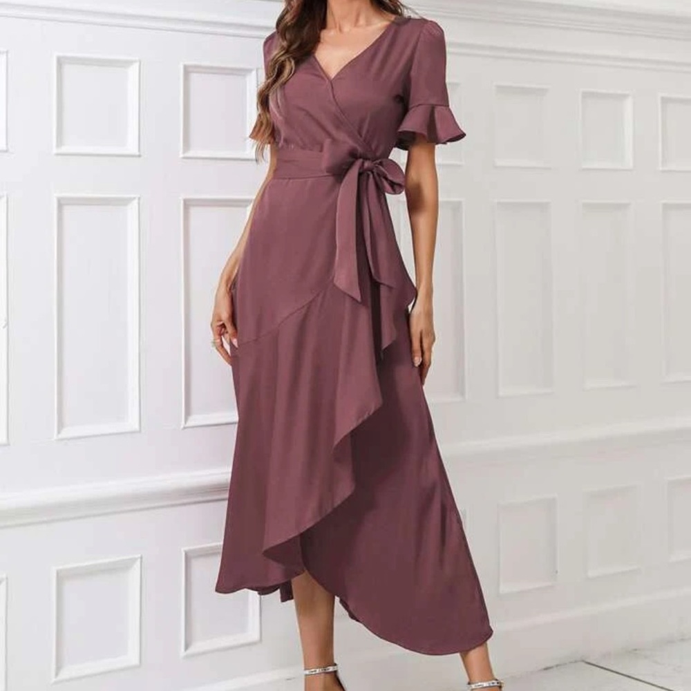 Boho flounce sleeve belted wrap dress - Picture 3 of 16